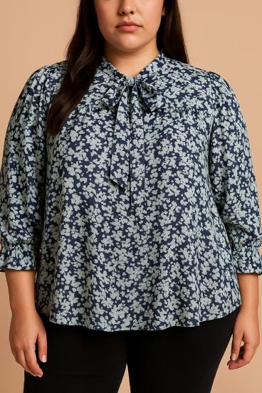 Μπλούζα plus size με φλοράλ τύπωμα, μπλε