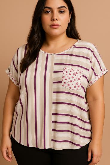 Μπλούζα plus size με ριγέ τύπωμα, μπεζ