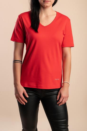 Βαμβακερό T-shirt με λαιμόκοψη "V", κόκκινο