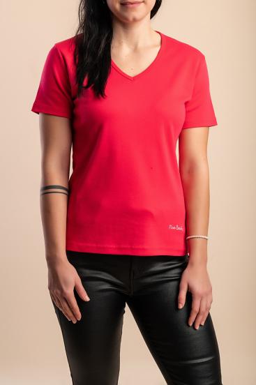 Βαμβακερό T-shirt με λαιμόκοψη "V", ροζ