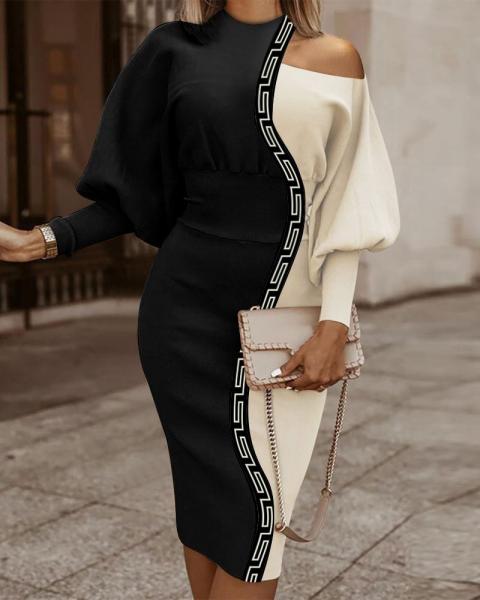 Κομψό μίντι φόρεμα με γεωμετρικό στάμπα, μαύρο και μπεζ
