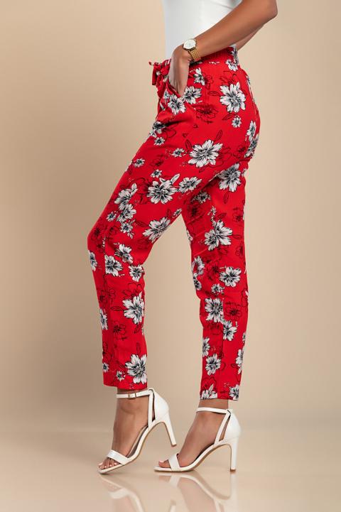 Μακρύ βαμβακερό παντελόνι με φλοράλ στάμπα OXP010, κόκκινο