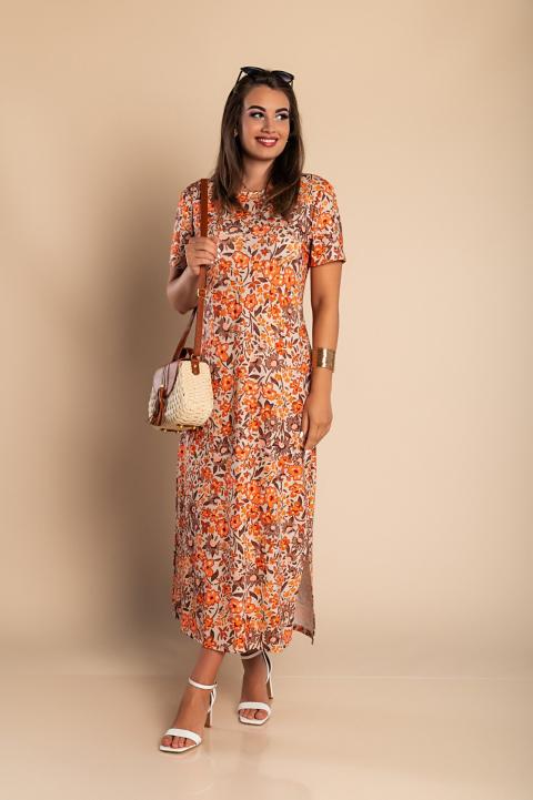 Μάξι φόρεμα με φλοράλ στάμπα 17253, πορτοκαλί