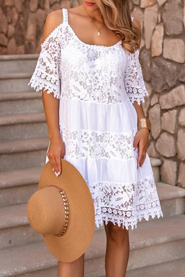 Μίνι φόρεμα με ντεκολτέ και λεπτομέρεια από δαντέλα Florida, λευκό