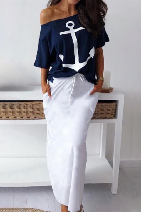 Σετ μπλούζα φούστα με στάμπα άγκυρα Cassio, άσπρο